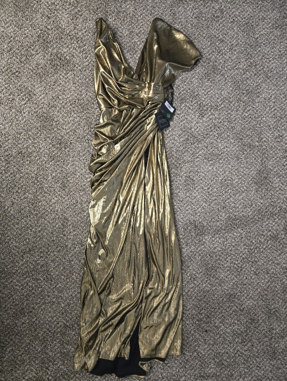 Ieena for Mac Duggal Gold Metallic One-Shoulder Evening Gown